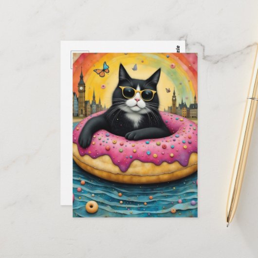 浮かぶドーナツでバケーション中のかわいい黒猫 ポストカード (正面/裏面インサイチュ)