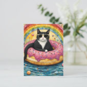 浮かぶドーナツでバケーション中の猫 ポストカード (スタンド正面)