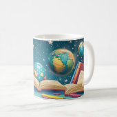 浮かぶ地球儀が特徴の教育コンセプト コーヒーマグカップ (正面右)