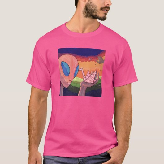 浮かぶ記憶 - エイリアンと折り鶴 Tシャツ (正面)