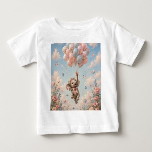 浮かぶ風船と赤ちゃん象 ベビーTシャツ (正面)