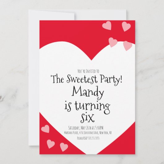 浮きハートピンクバレンティンズデイバースデーパーティー 招待状 (正面)