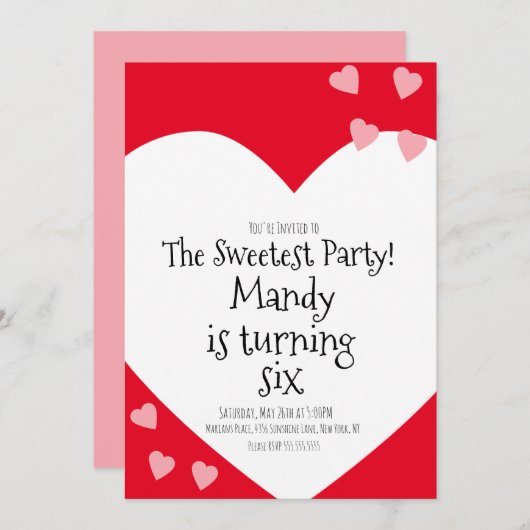 浮きハートピンクバレンティンズデイバースデーパーティー 招待状 (正面/裏面)