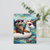 浮き物旅行で一角獣(ユニコーン)の花を楽しめる可愛いオッター ポストカード (スタンド正面)