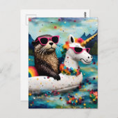 浮き物旅行で一角獣(ユニコーン)の花を楽しめる可愛いオッター ポストカード (正面/裏面)