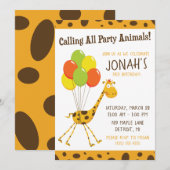 浮き輪のキリンと風船の誕生日パーティー 招待状 (正面/裏面)