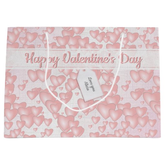 浮ガーリーきピンクのバレンタインハートのメッセージ ラージペーパーバッグ (正面)
