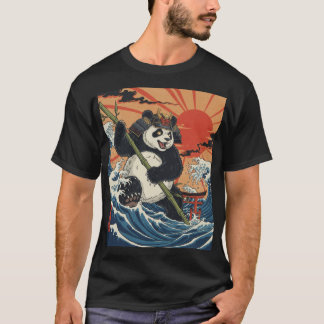 浮世絵の波間に昇るパンダの侍 Tシャツ