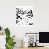 浮世絵の流れる川の手書きのスケッチ ポスター (ホームオフィス)