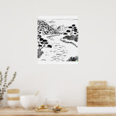 浮世絵の流れる川の手書きのスケッチ ポスター (キッチン)