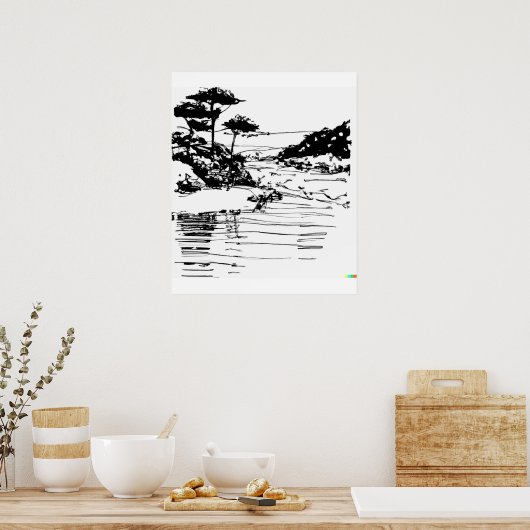 浮世絵の流れる川の手書きのスケッチ ポスター (キッチン)