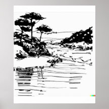 浮世絵の流れる川の手書きのスケッチ