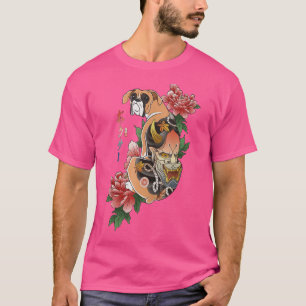 浮世絵の花と侍のボクサー犬 日本の武士 Tシャツ
