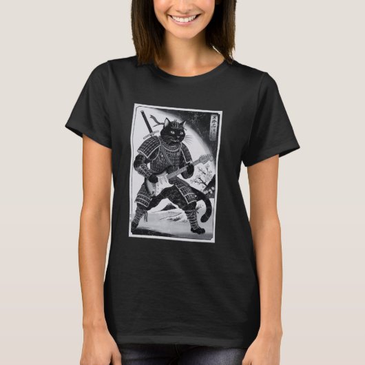 浮世絵の電気ギターを演奏する日本のサムライ猫 Tシャツ (正面)