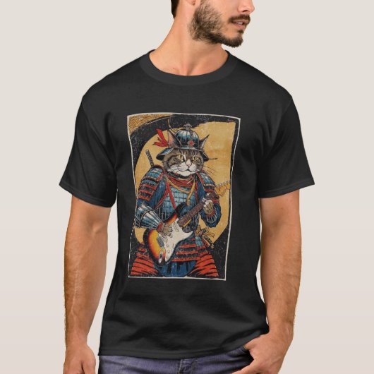 浮世絵の電気ギターを演奏する日本のサムライ猫 Tシャツ (正面)