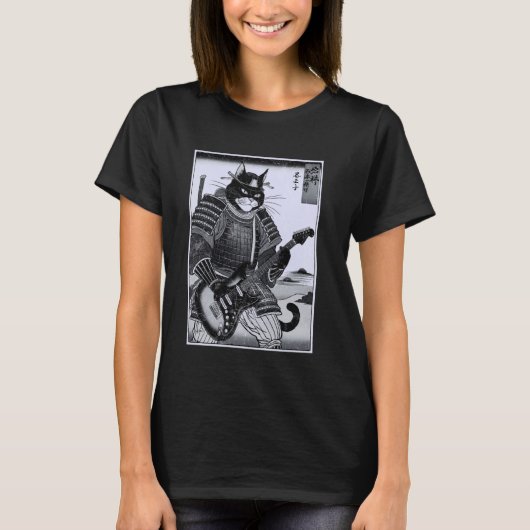 浮世絵の電気ギターを演奏する日本人侍猫 Tシャツ (正面)