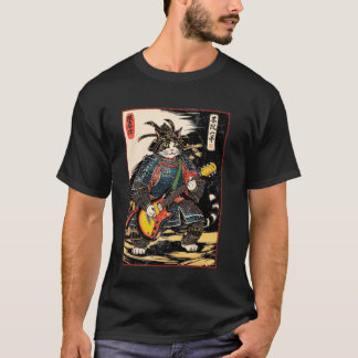 浮世絵の電気ギターを演奏する日本人侍猫 Tシャツ