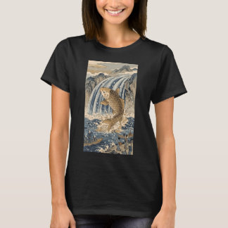 浮世絵アート 滝登る縁起の良い錦鯉 Tシャツ