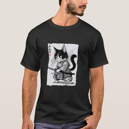 浮世絵インクグラフィックアート サムライ猫戦士 Tシャツ (正面)