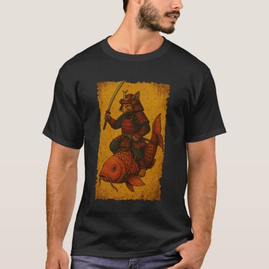 浮世絵サムライの木彫りの鯉に乗る猫 Tシャツ (正面)