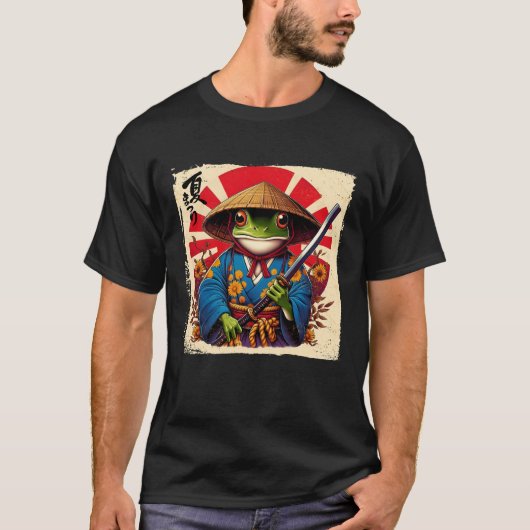 浮世絵サムライカエル漢字デザイン Tシャツ (正面)