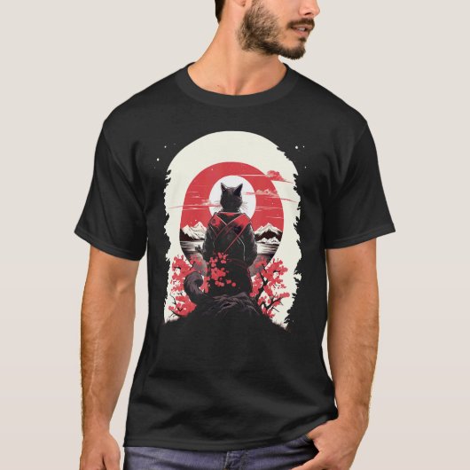浮世絵スタイルの侍猫 日本美術の猫忍者 Tシャツ (正面)