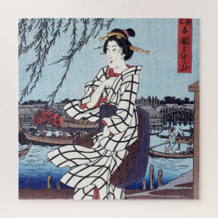 浮世絵師、歌川広重による橋の上の涼しい夏の夕べ ジグソーパズル