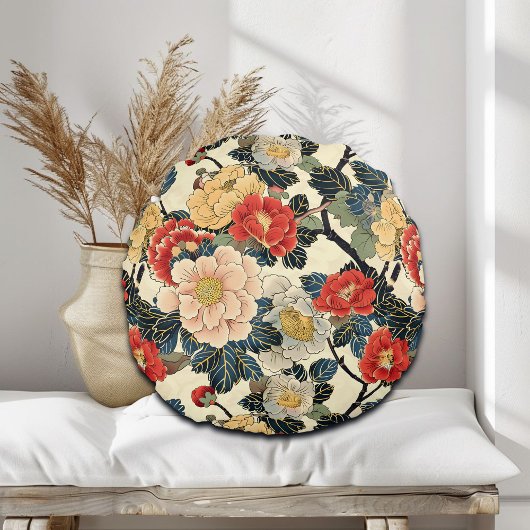 浮世絵日本のの花柄 ラウンドクッション