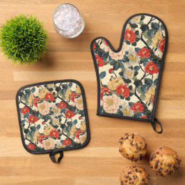浮世絵日本のの花柄 鍋つかみ&鍋敷きセット