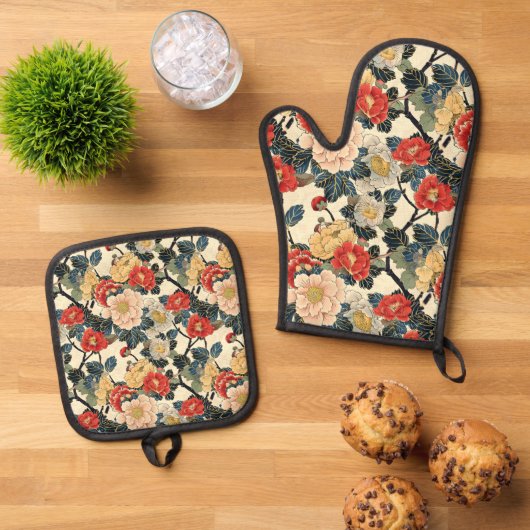 浮世絵日本のの花柄 鍋つかみ&鍋敷きセット (トップダウン)
