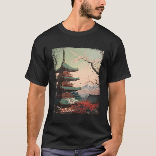 浮世絵日本の塔とさくらんぼ Tシャツ (正面)