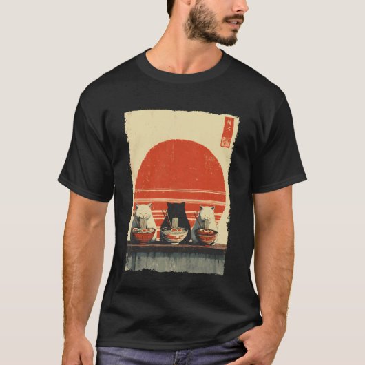 浮世絵風かわいい猫ラーメン Tシャツ (正面)