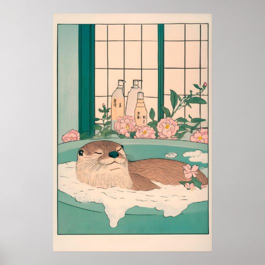 浮世絵風のカワウソの芸術的なプリント　日本のバスルーム用 ポスター (正面)