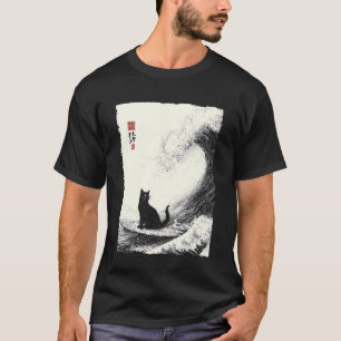 浮世絵風のサーフィンする猫 神奈川沖浪裏 Tシャツ
