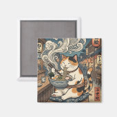 浮世絵風の三毛猫のラーメン食事デザイン マグネット (正面/裏面)