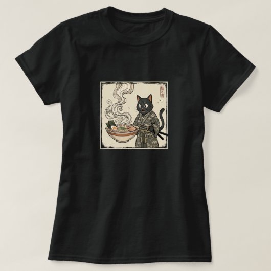 浮世絵風の侍猫ラーメン Tシャツ (デザイン正面)