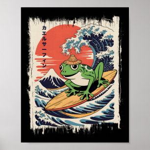 浮世絵風の富士山とサーフィンをするカエル ポスター
