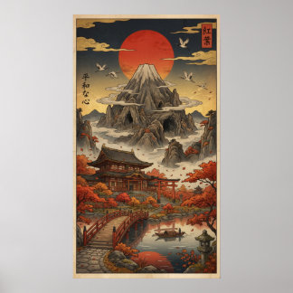浮世絵風の富士山の秋景色 ポスター