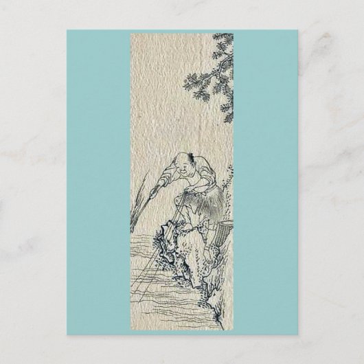 浮世絵風の川岸から釣りをする男性 ポストカード (正面)