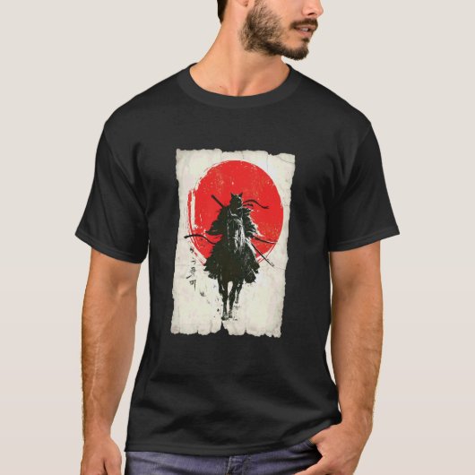 浮世絵風の武士ネコ騎手 日本の武士 A Tシャツ (正面)