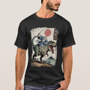 浮世絵風の猫に乗られたティラノサウルスと侍 Tシャツ