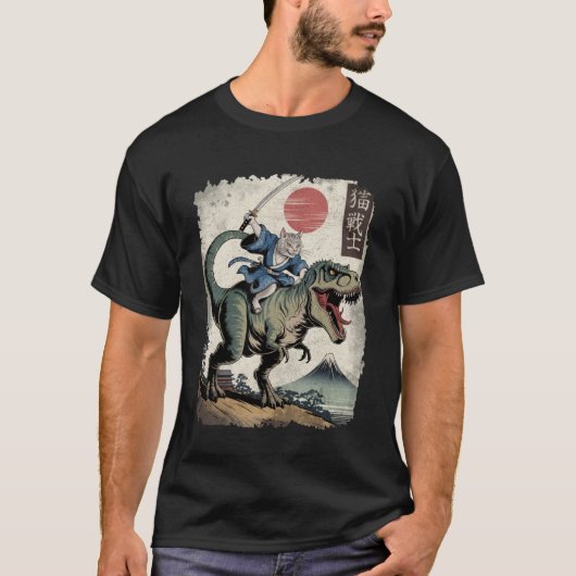 浮世絵風の猫に乗られたティラノサウルスと侍 Tシャツ (正面)