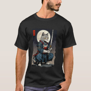 浮世絵風の猫の侍と月 Tシャツ