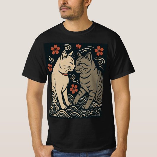 浮世絵風の猫の調和 日本の芸術 Tシャツ (正面)