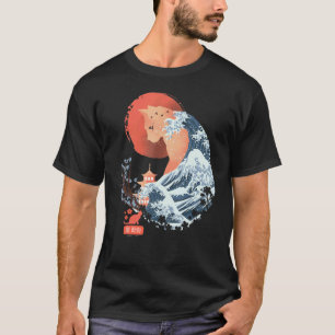 浮世絵風の猫の霊獣風景 トラディショナル和風デザイン Tシャツ