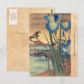 浮世絵風の青い菖蒲と鳥の図柄 ポストカード (正面/裏面)