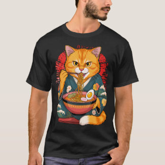 浮世絵風アニメスタイルの日本美術ラーメン猫忍者 Tシャツ