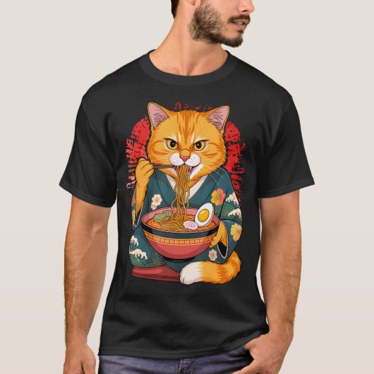 浮世絵風アニメスタイルの日本美術ラーメン猫忍者 Tシャツ (正面)