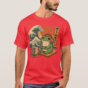 浮世絵風ゲーミングカエルアート 日本のゲーマーアニメ男性用 Tシャツ