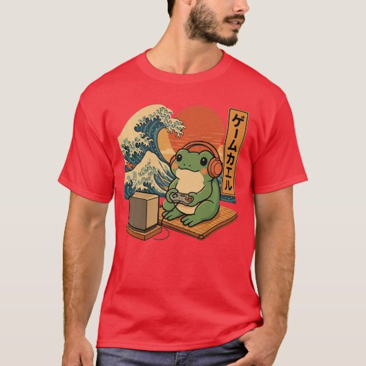 浮世絵風ゲーミングカエルアート 日本のゲーマーアニメ男性用 Tシャツ (正面)